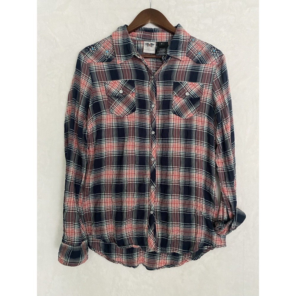 Women's Western Shirt Harley Davidson Motorcycle Pearl Jewel Studded Snap Medium